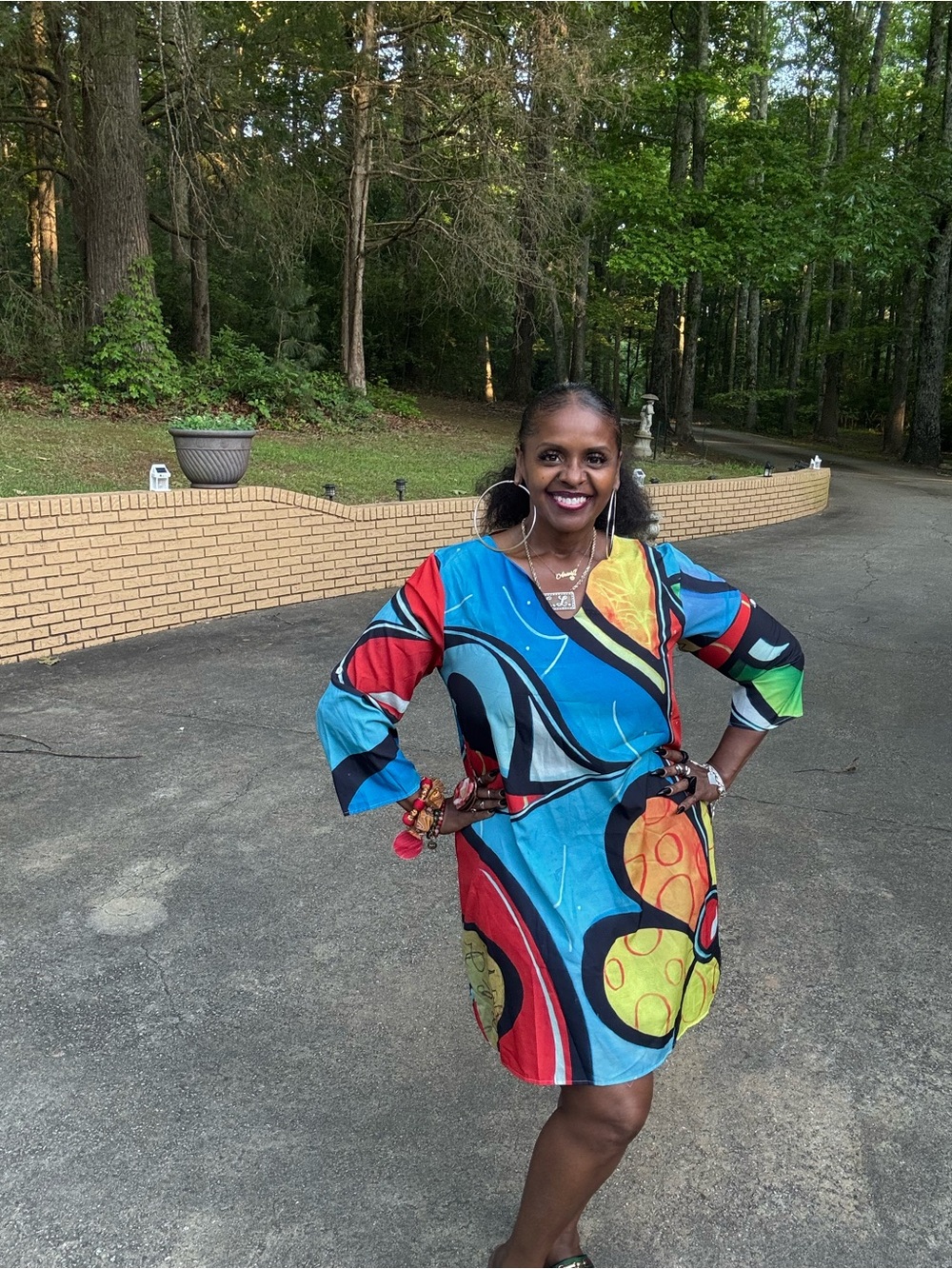 Vibrant Multicolor Abstract Print V-Neck Women's Dress